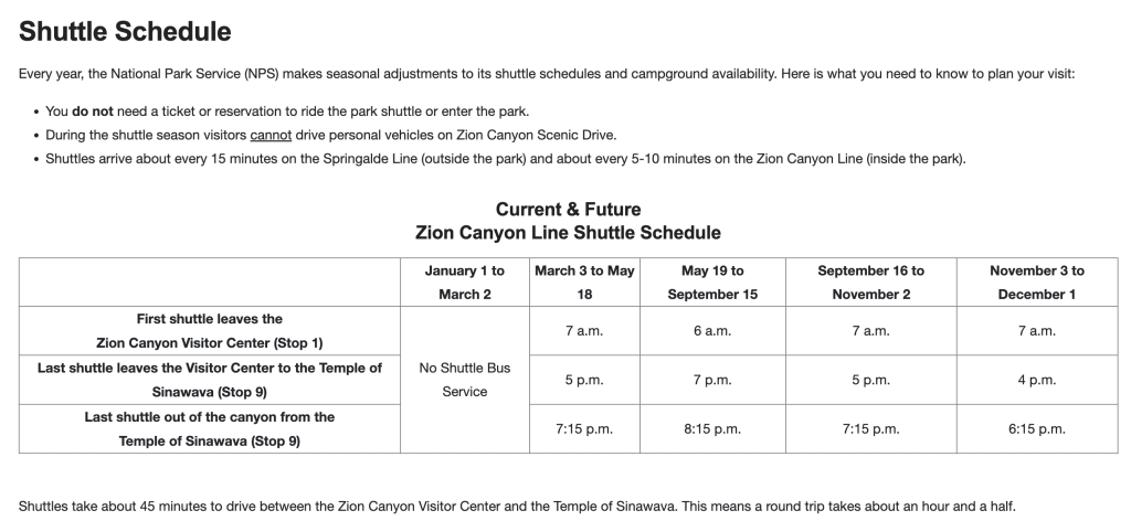 Screen shot of Zion National Park Shuttle for trip planning