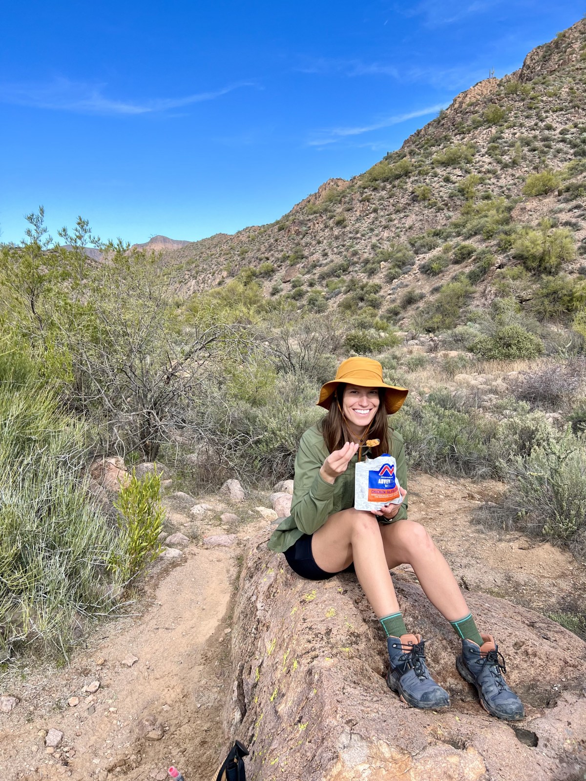 Eating our Mountain House Adventure Meal lunch in the Superstition Wilderness
