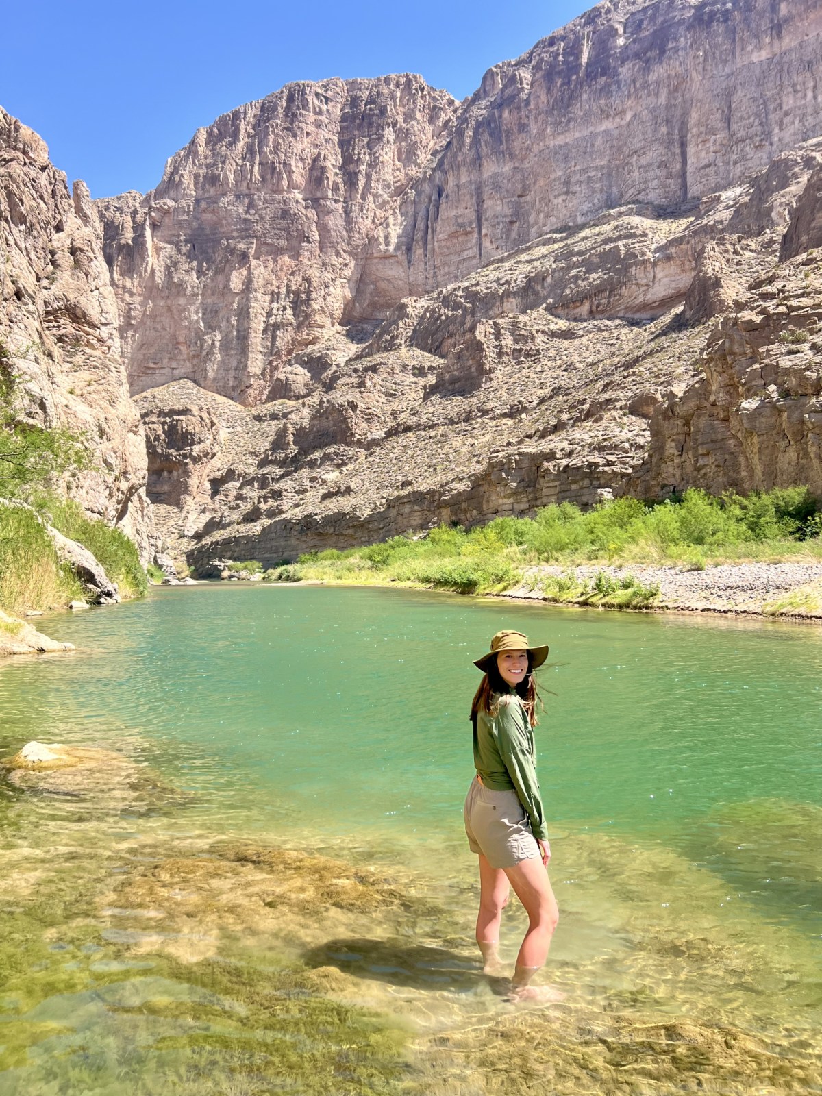 Lauren wearing a summer hiking shirt