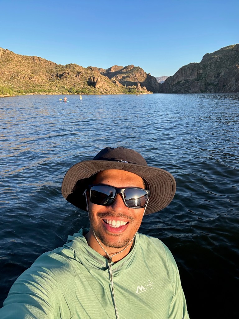 Owen wearing Mountain House sun shirt