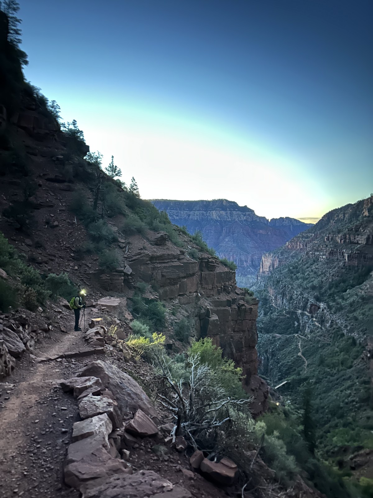 North Kaibab Trail early in the morning hiking Rim to Rim of the Grand Canyon