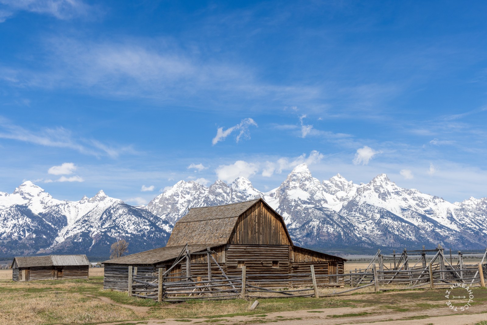 Mormon Row with the Teton Mountain Range in the distance at Grand Teton National Park, Wyoming