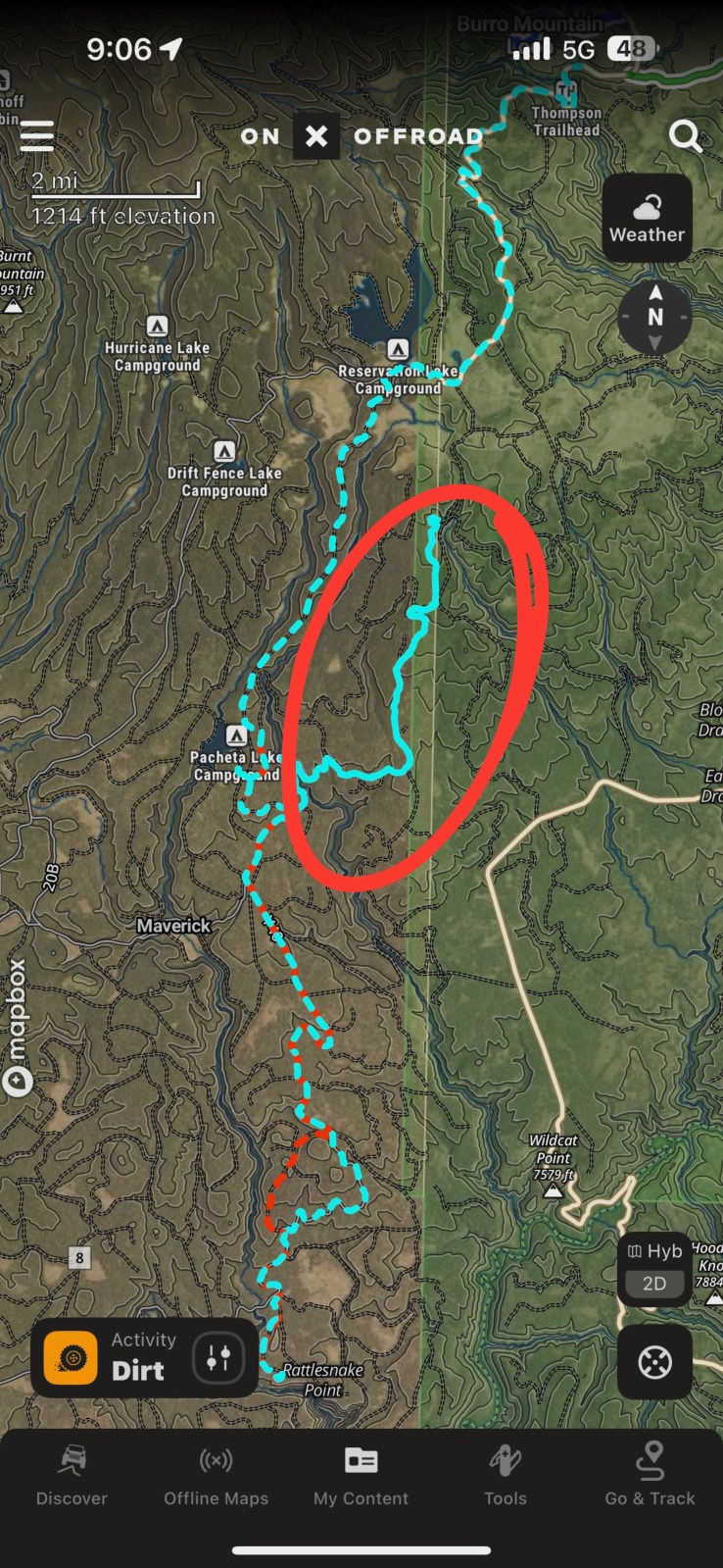Screenshot of OnX Offroad map route tracking