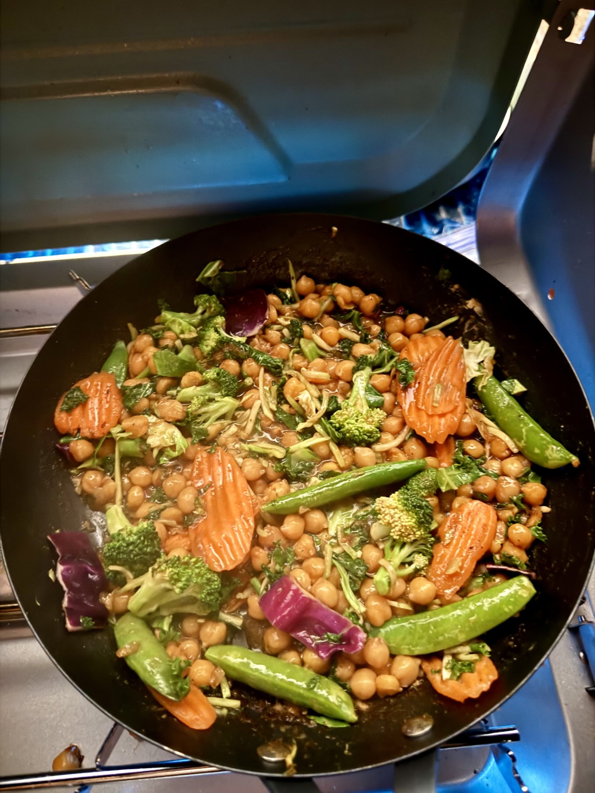 Easy vegetarian camping meal - chickpea stir fry