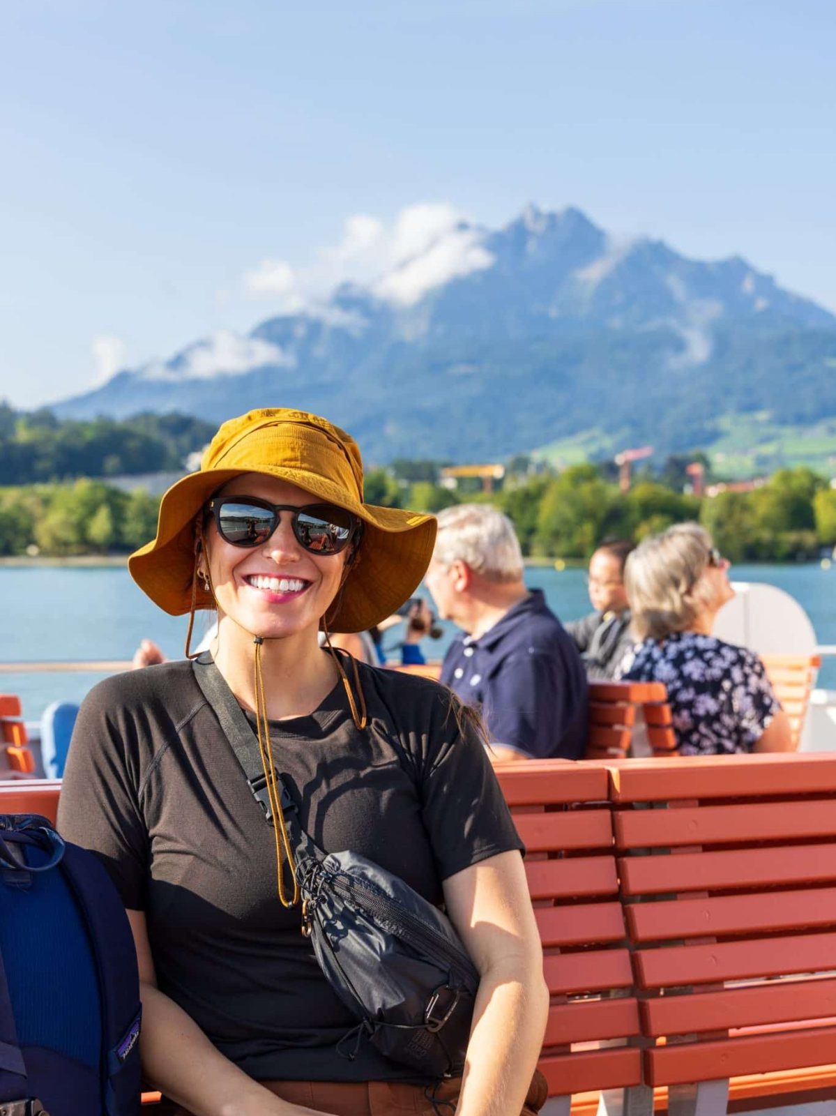 Lauren on the boat as part of the golden route to Mt. Pilatus, Switzerland